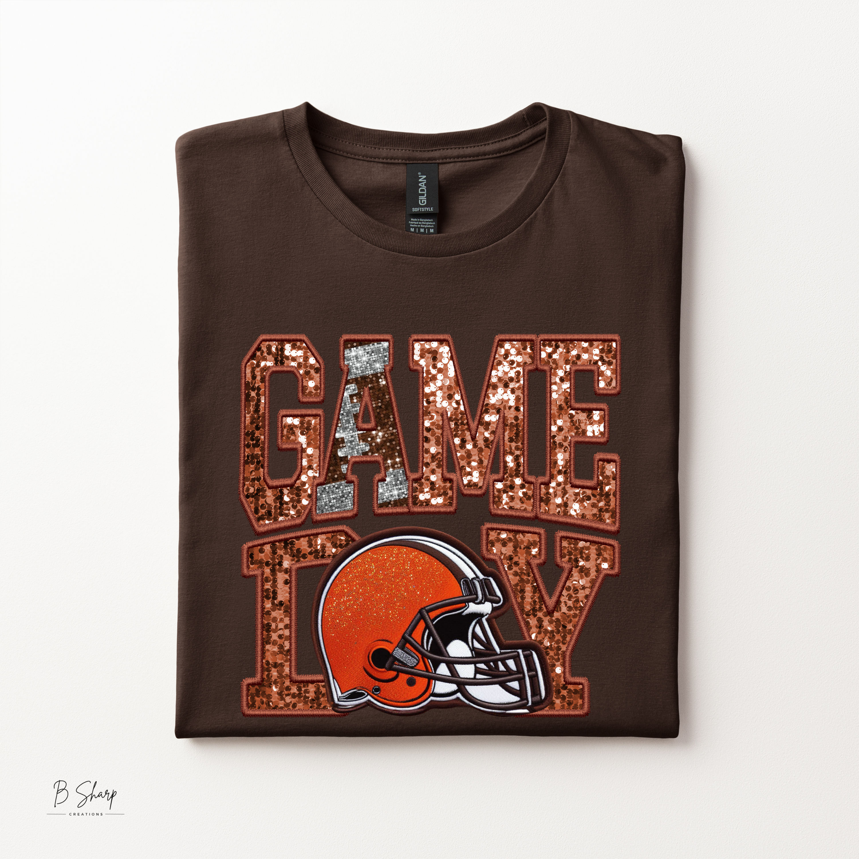 Game Day Shirt | Brown & Orange Faux Embroidery Football Tee