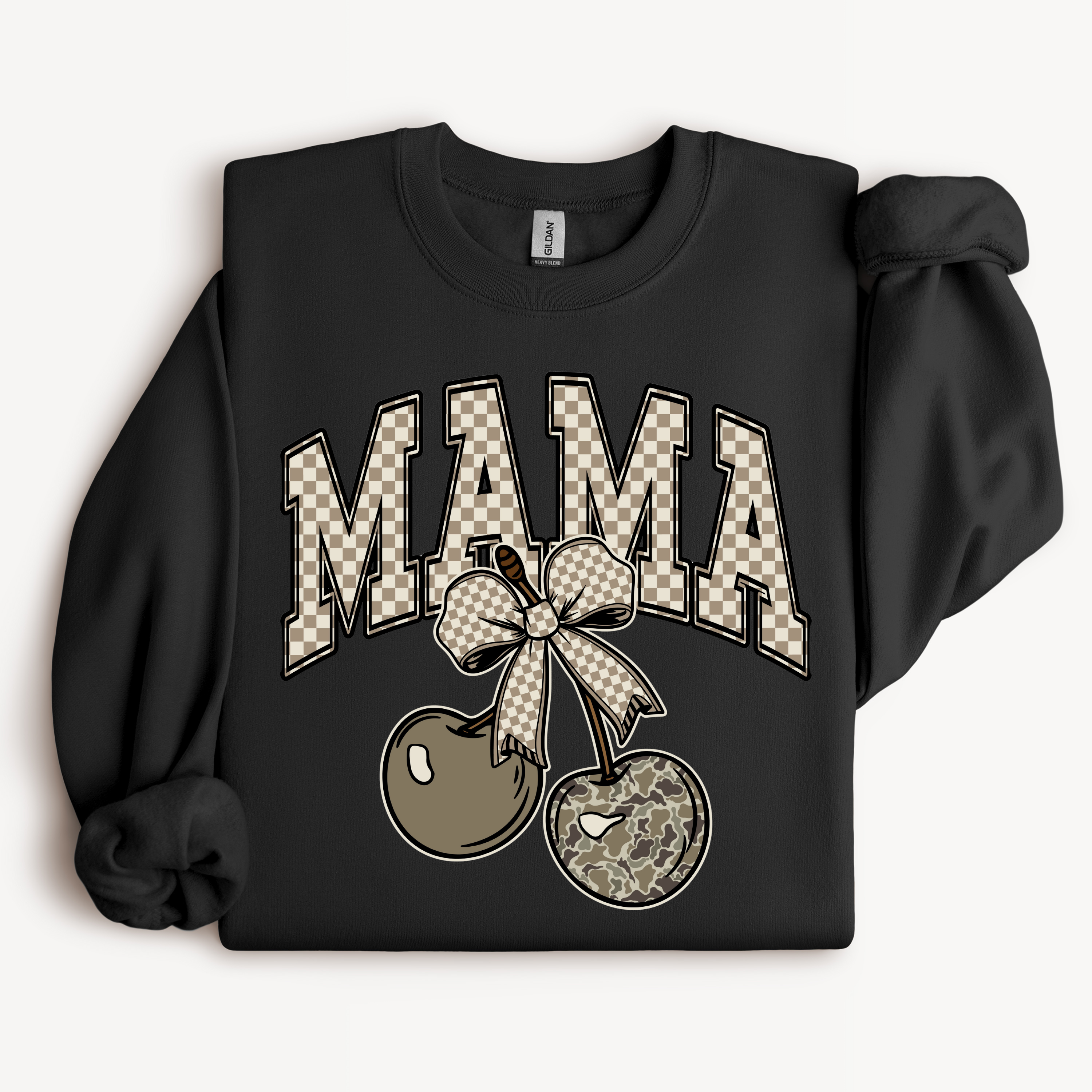 Camo Cherry Mama Shirt | Checkered Bow Graphic Tee or Sweatshirt